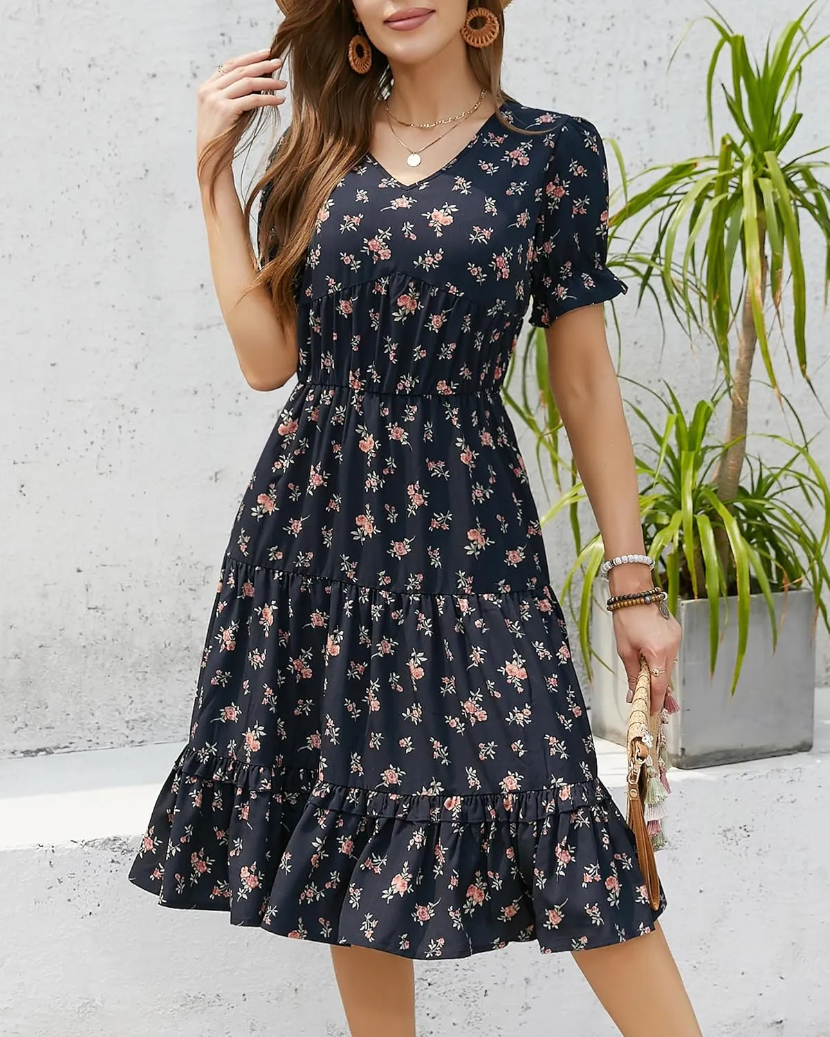 Womens Summer Dress 2025 Short Sleeve V Neck Floral Midi Casual Dresses Fit Line Beach Vacation Sundress