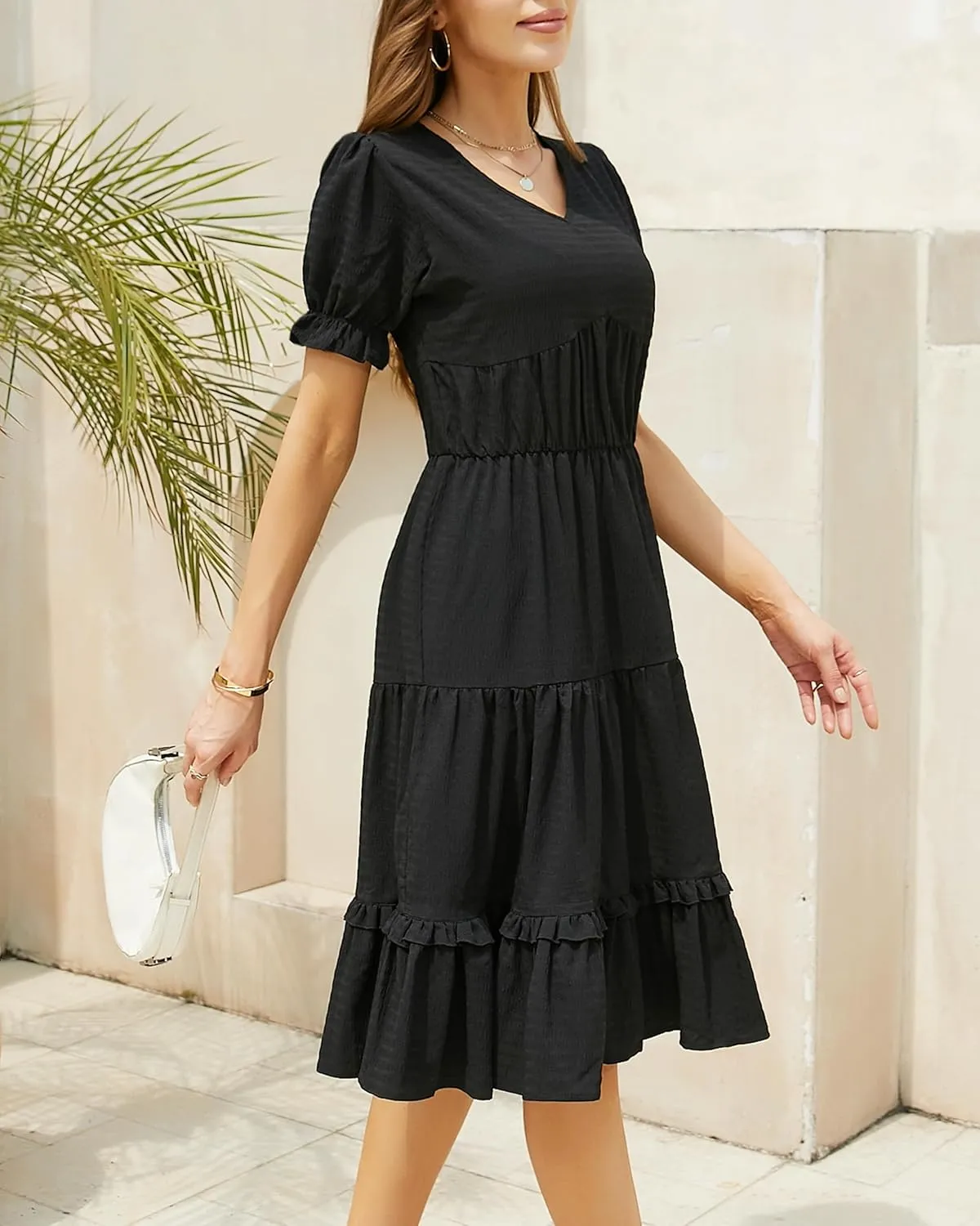 Womens Summer Dress 2025 Short Sleeve V Neck Floral Midi Casual Dresses Fit Line Beach Vacation Sundress