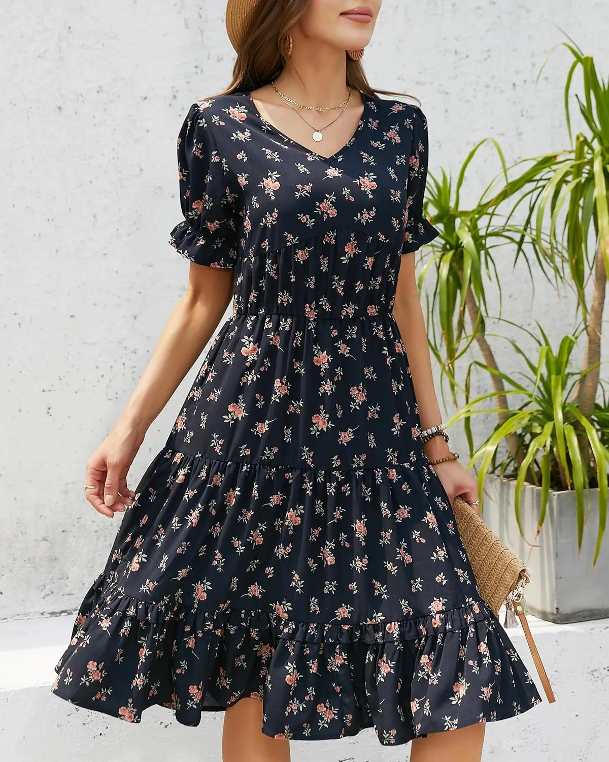 Womens Summer Dress 2025 Short Sleeve V Neck Floral Midi Casual Dresses Fit Line Beach Vacation Sundress