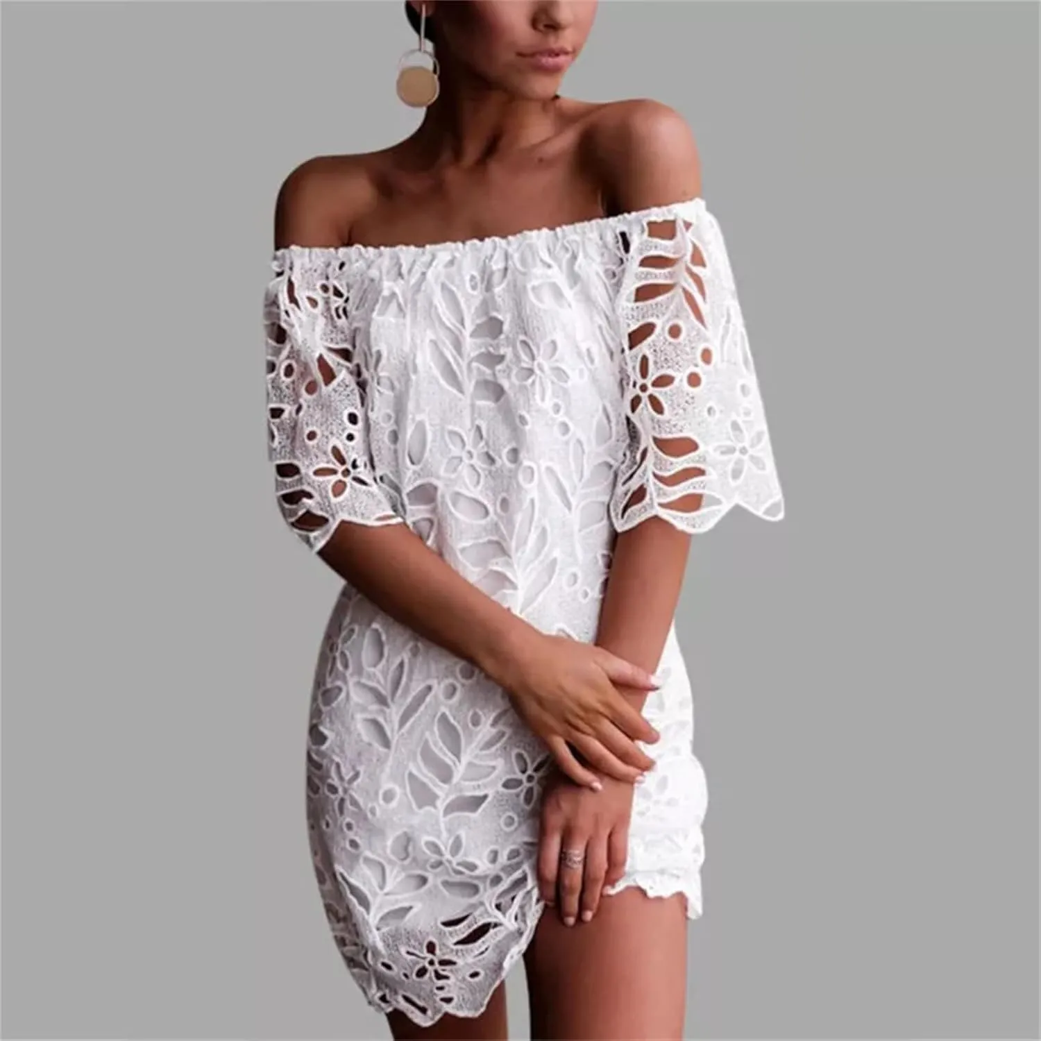 Women's Summer Dresses, Elegant Off Shoulder Floral Lace Hollow 1/2 Sleeve Ruffle Mini Dress