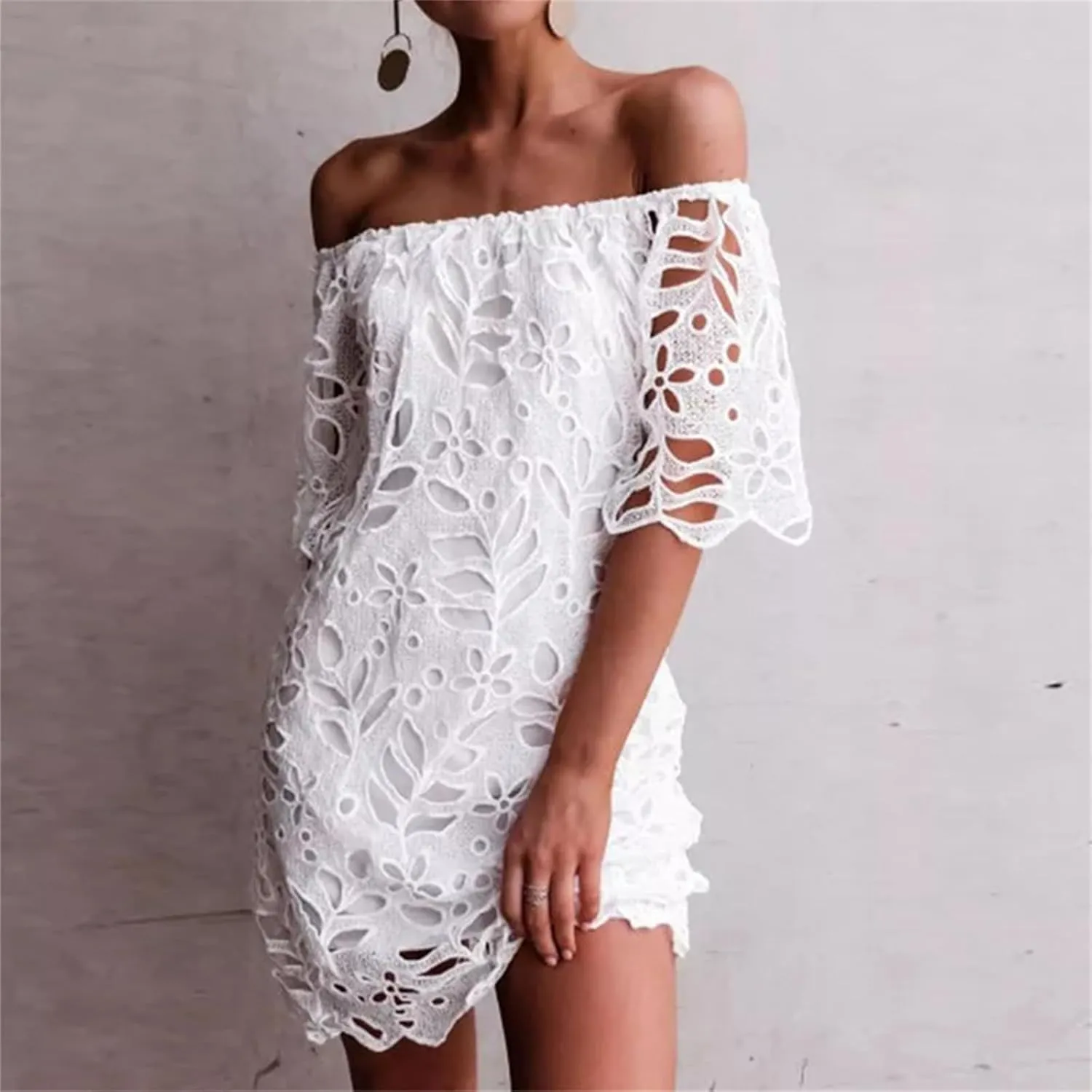 Women's Summer Dresses, Elegant Off Shoulder Floral Lace Hollow 1/2 Sleeve Ruffle Mini Dress