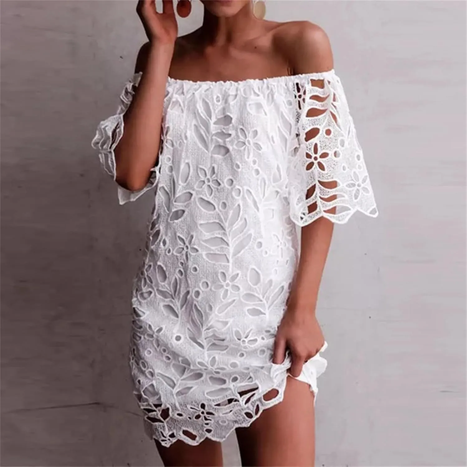 Women's Summer Dresses, Elegant Off Shoulder Floral Lace Hollow 1/2 Sleeve Ruffle Mini Dress