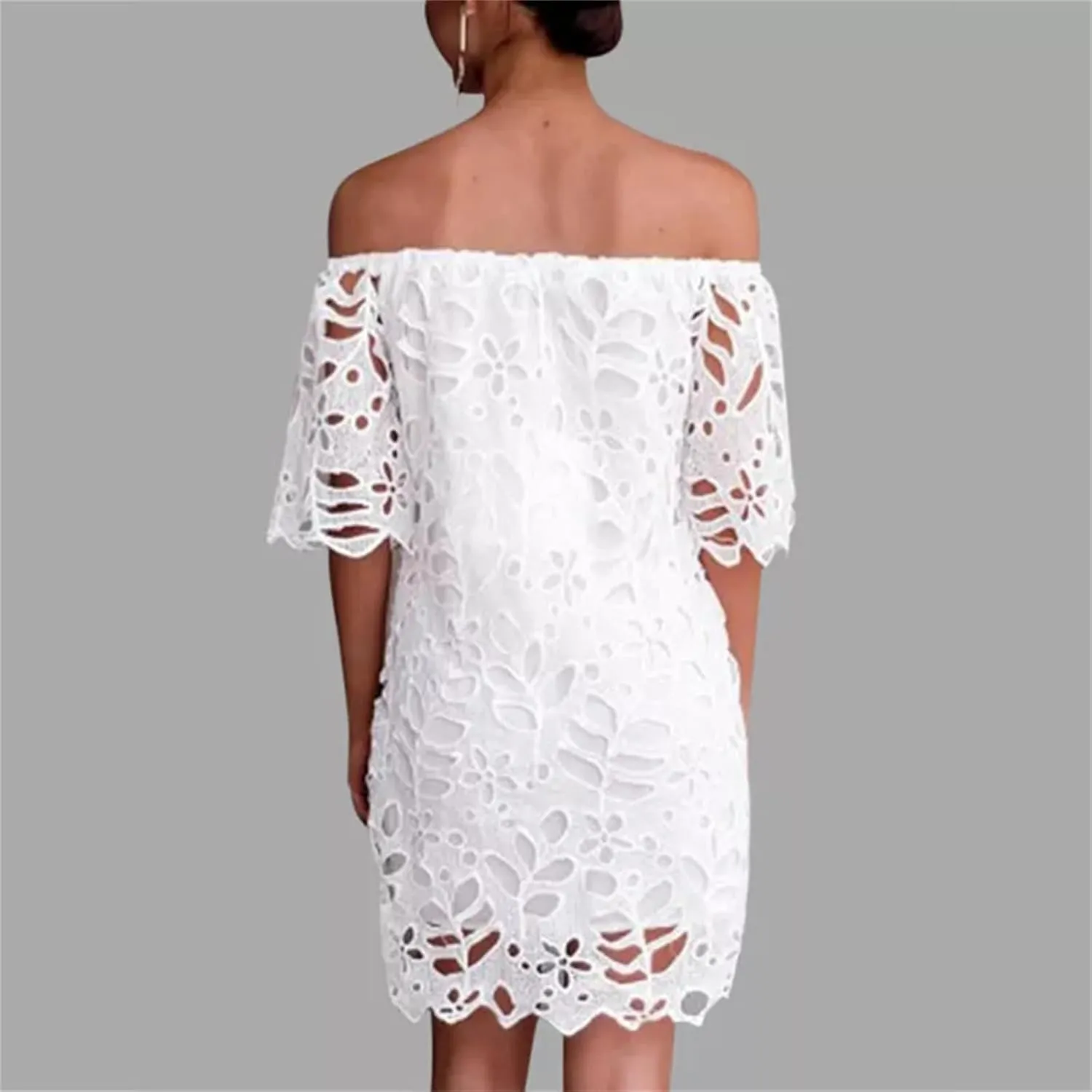 Women's Summer Dresses, Elegant Off Shoulder Floral Lace Hollow 1/2 Sleeve Ruffle Mini Dress