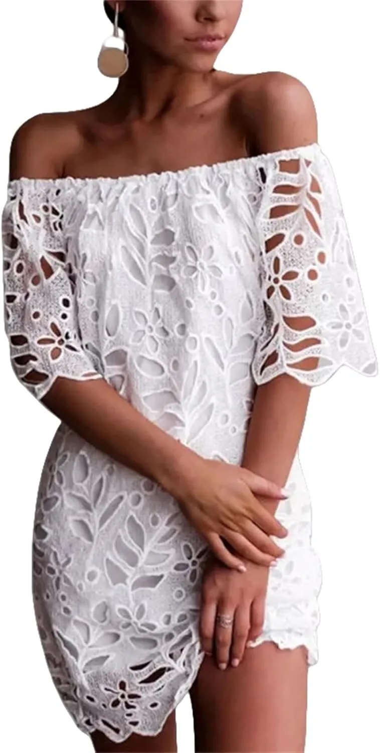Women's Summer Dresses, Elegant Off Shoulder Floral Lace Hollow 1/2 Sleeve Ruffle Mini Dress