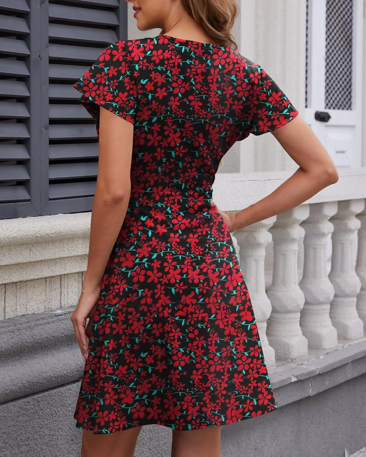 Womens Summer Floral Sundress Short Sleeves Coverups Split V Neck A-Line Elegant Mini Beach Skirt Dresses