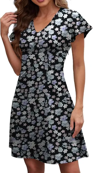 Womens Summer Floral Sundress Short Sleeves Coverups Split V Neck A-Line Elegant Mini Beach Skirt Dresses