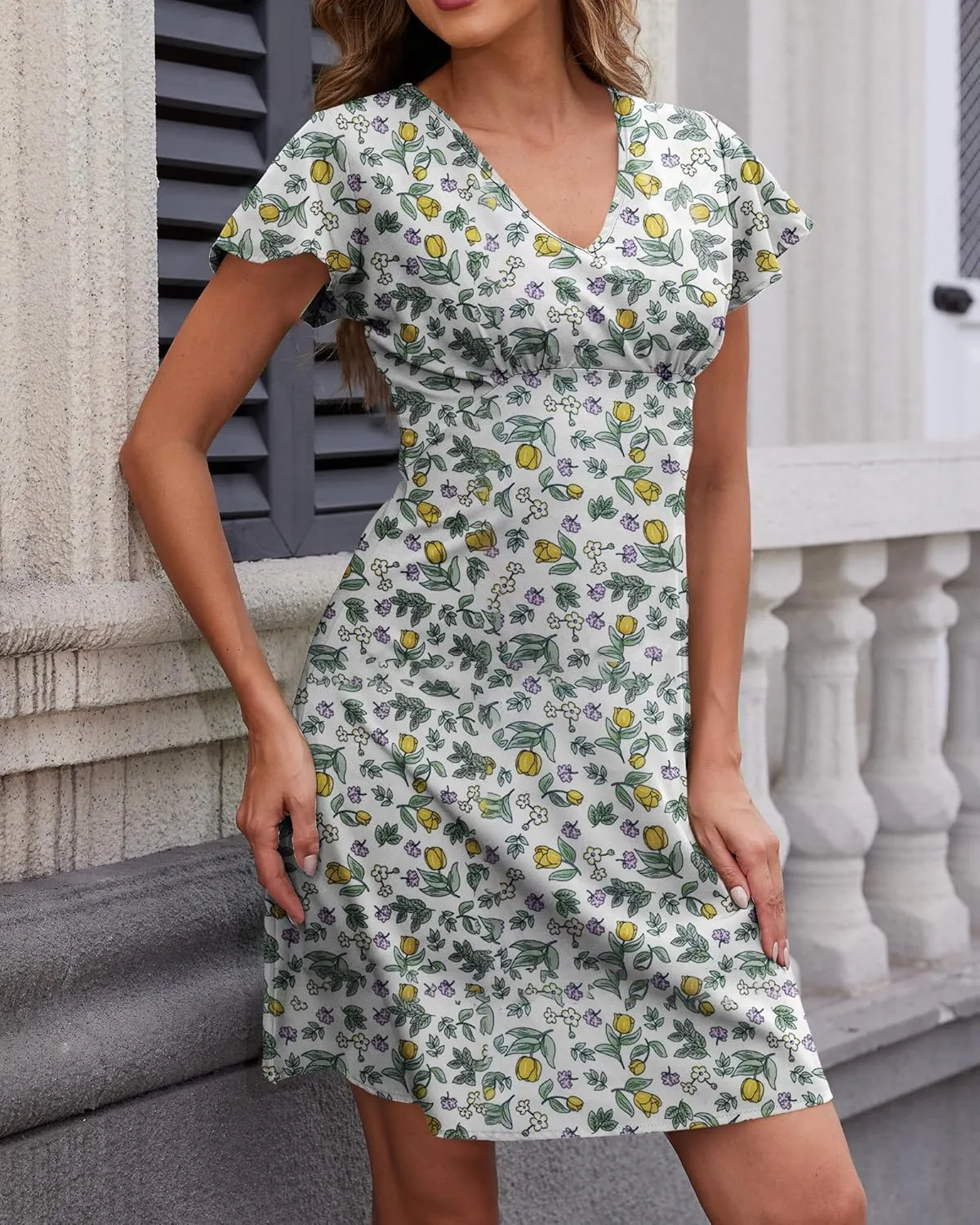 Womens Summer Floral Sundress Short Sleeves Coverups Split V Neck A-Line Elegant Mini Beach Skirt Dresses