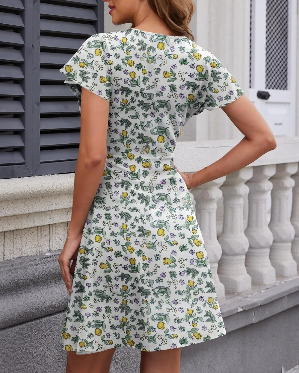 Womens Summer Floral Sundress Short Sleeves Coverups Split V Neck A-Line Elegant Mini Beach Skirt Dresses
