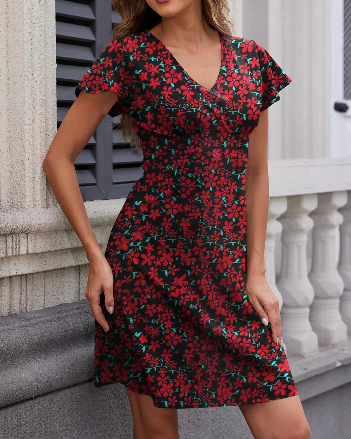 Womens Summer Floral Sundress Short Sleeves Coverups Split V Neck A-Line Elegant Mini Beach Skirt Dresses