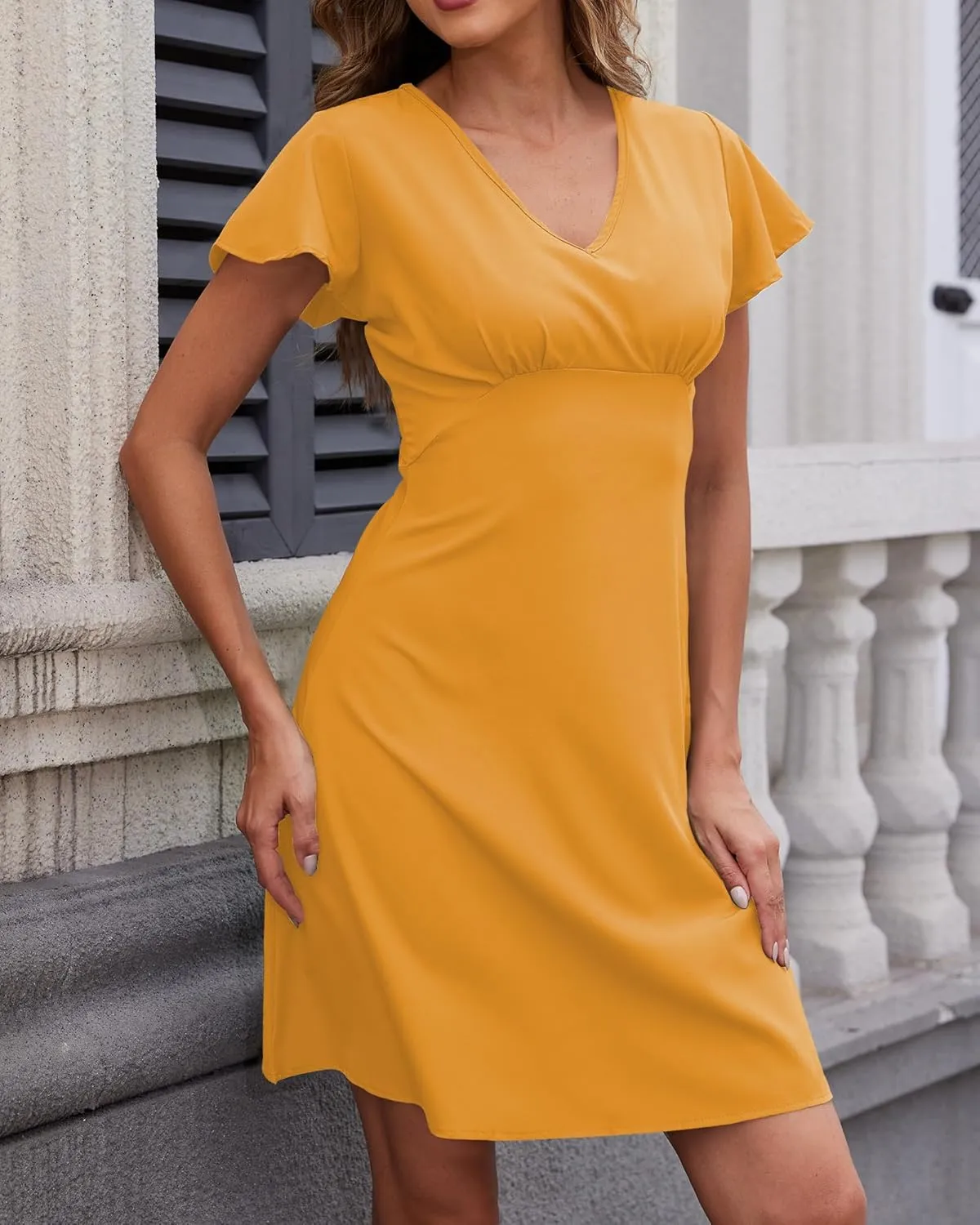 Womens Summer Floral Sundress Short Sleeves Coverups Split V Neck A-Line Elegant Mini Beach Skirt Dresses