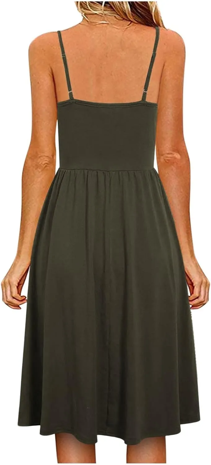 Women's Summer Midi Dress Casual Spaghetti Strap Swing A Line Dress Button up Sundress Pleated V Neck Slip Dress