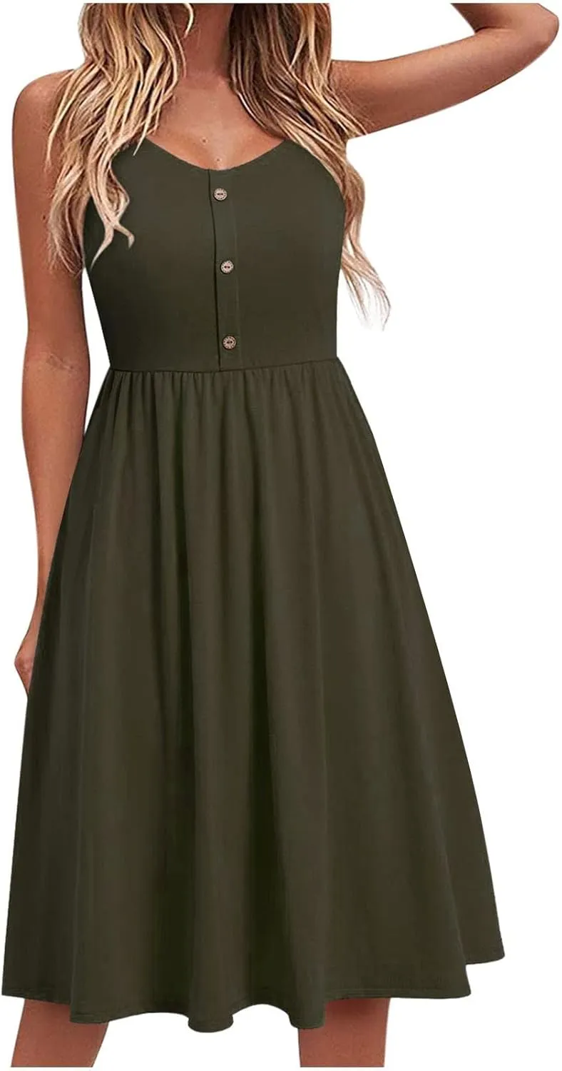 Women's Summer Midi Dress Casual Spaghetti Strap Swing A Line Dress Button up Sundress Pleated V Neck Slip Dress