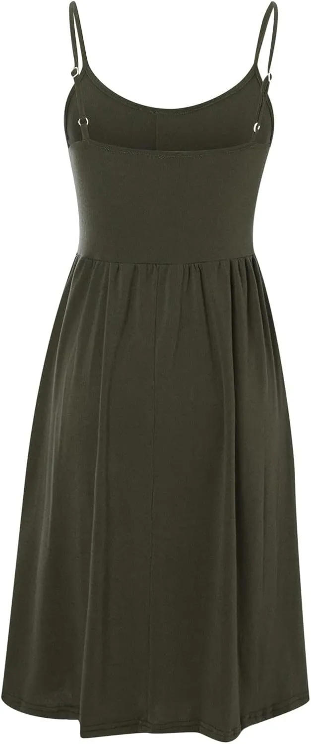 Women's Summer Midi Dress Casual Spaghetti Strap Swing A Line Dress Button up Sundress Pleated V Neck Slip Dress
