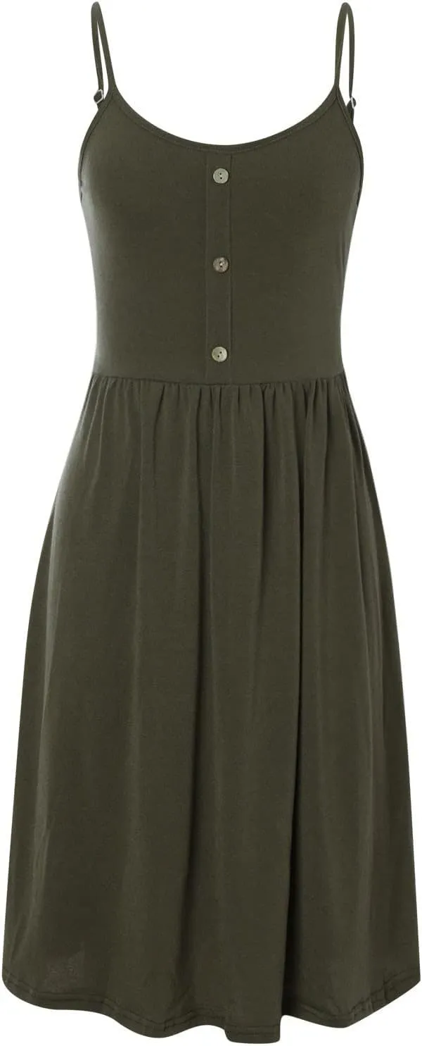 Women's Summer Midi Dress Casual Spaghetti Strap Swing A Line Dress Button up Sundress Pleated V Neck Slip Dress