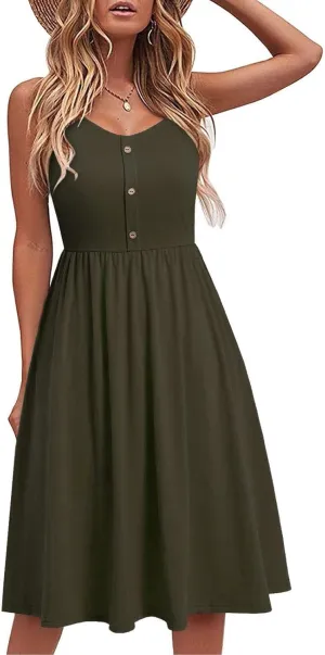 Women's Summer Midi Dress Casual Spaghetti Strap Swing A Line Dress Button up Sundress Pleated V Neck Slip Dress