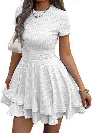 Womens Summer Mini Dresses Short Sleeve Casual Crewneck Knitted Crochet Flowy Tiered Sundress