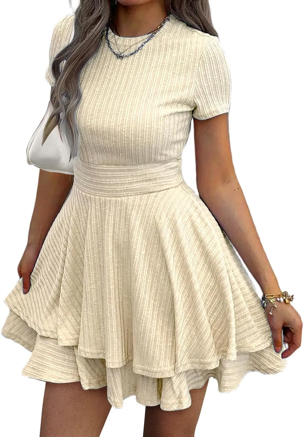 Womens Summer Mini Dresses Short Sleeve Casual Crewneck Knitted Crochet Flowy Tiered Sundress