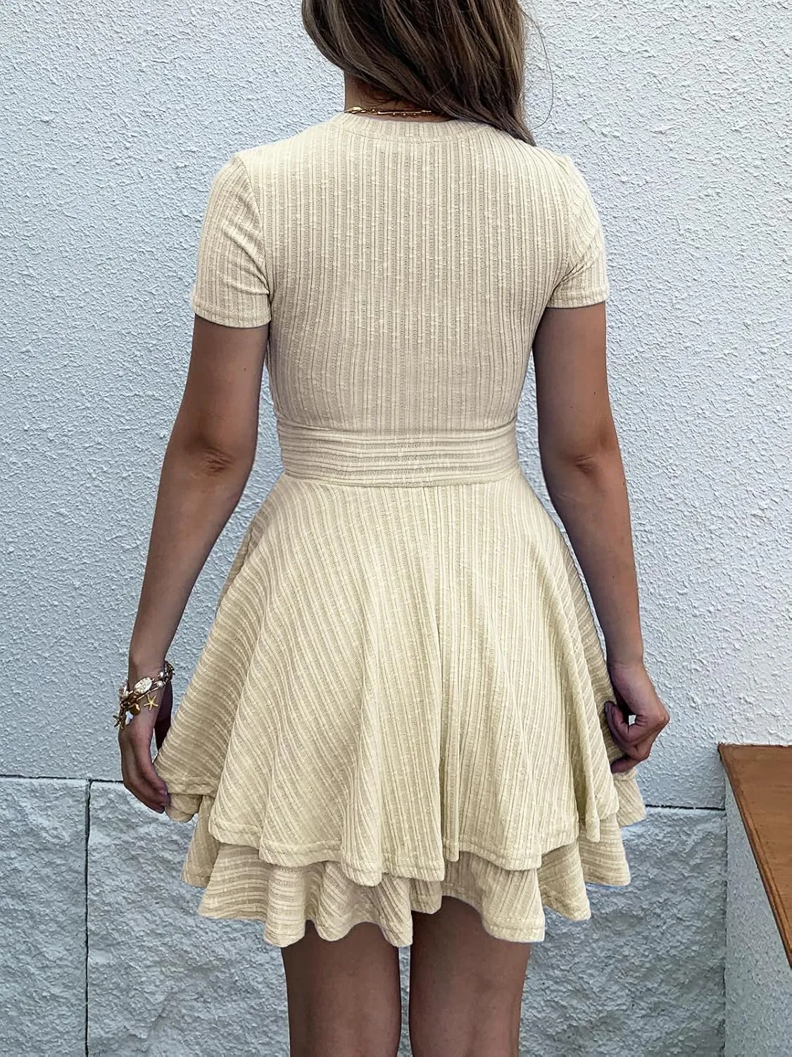 Womens Summer Mini Dresses Short Sleeve Casual Crewneck Knitted Crochet Flowy Tiered Sundress
