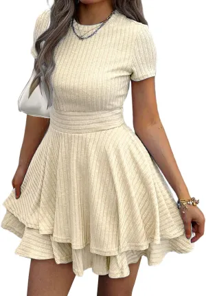 Womens Summer Mini Dresses Short Sleeve Casual Crewneck Knitted Crochet Flowy Tiered Sundress