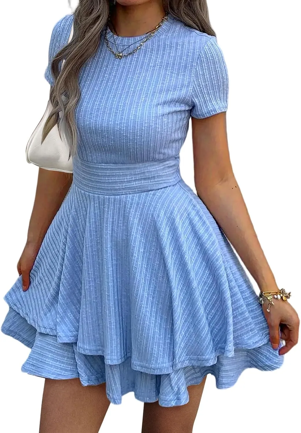 Womens Summer Mini Dresses Short Sleeve Casual Crewneck Knitted Crochet Flowy Tiered Sundress