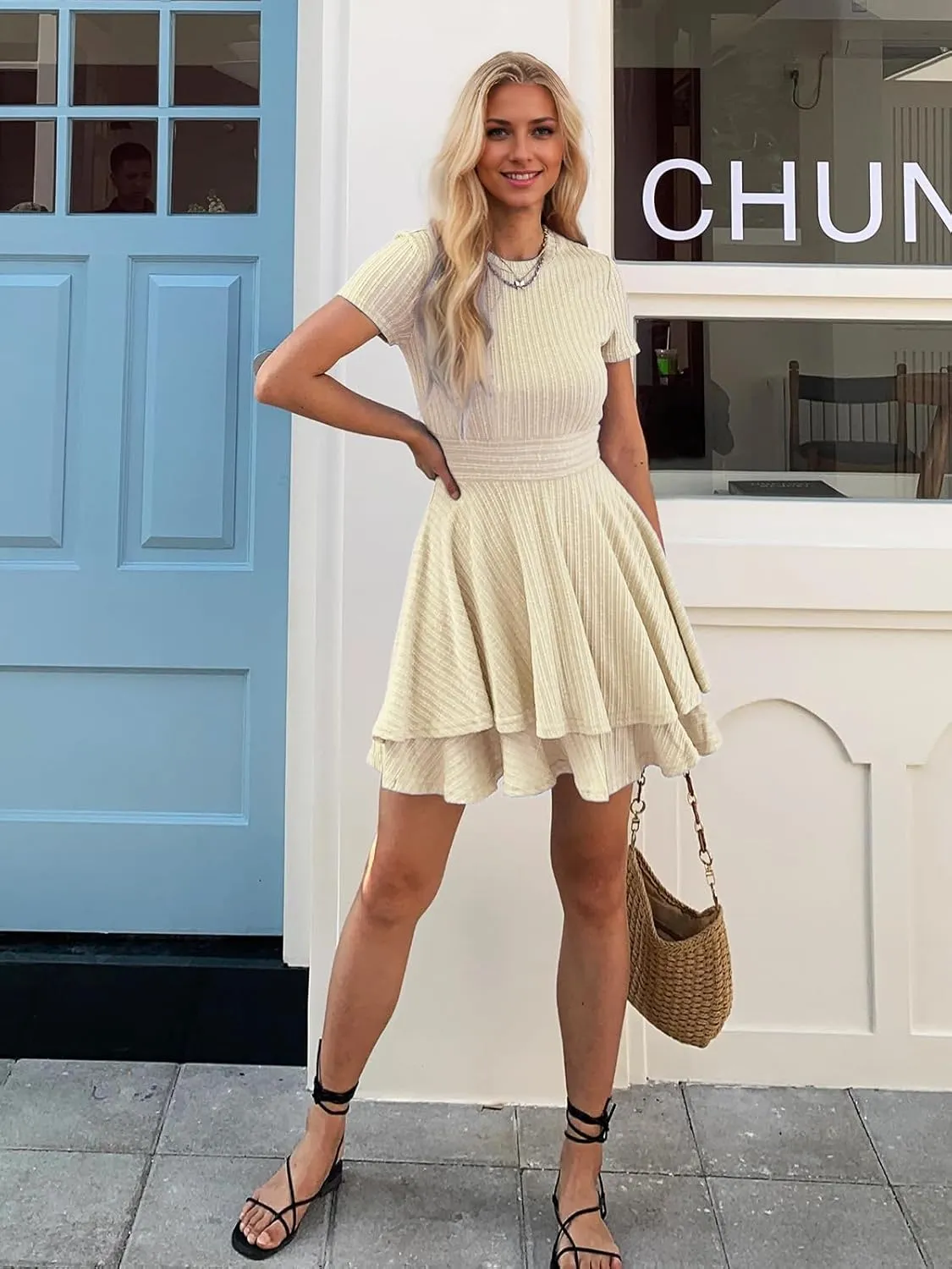 Womens Summer Mini Dresses Short Sleeve Casual Crewneck Knitted Crochet Flowy Tiered Sundress