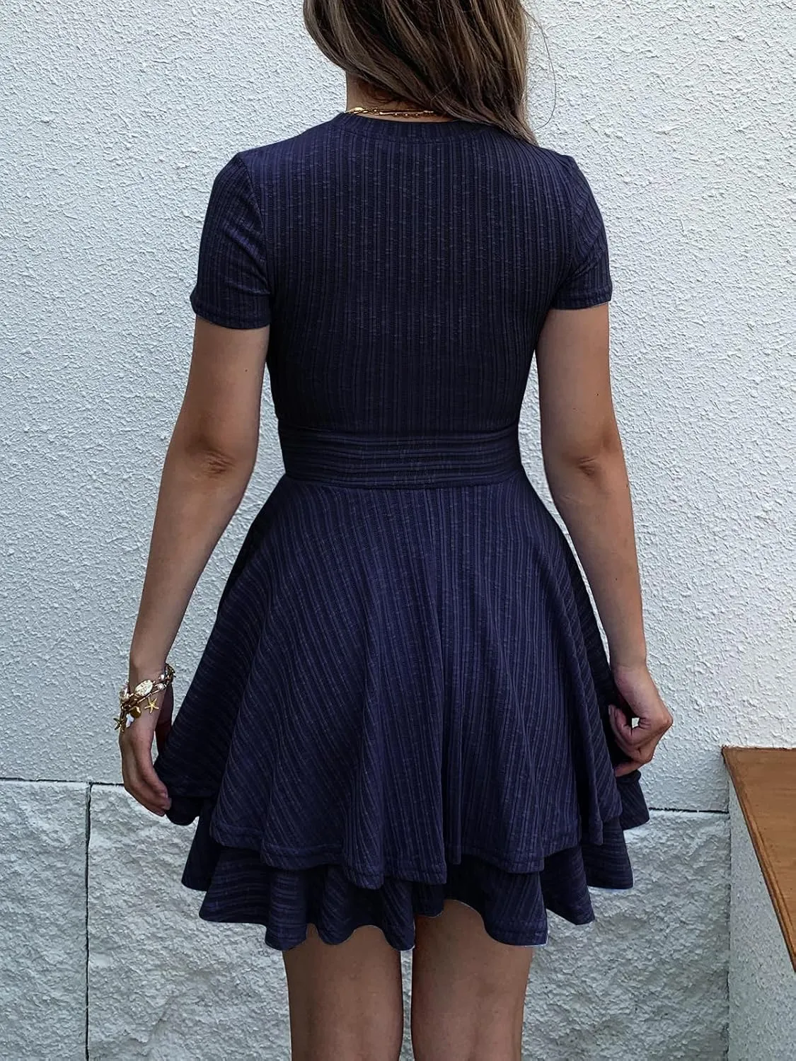 Womens Summer Mini Dresses Short Sleeve Casual Crewneck Knitted Crochet Flowy Tiered Sundress