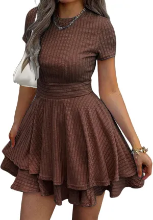 Womens Summer Mini Dresses Short Sleeve Casual Crewneck Knitted Crochet Flowy Tiered Sundress