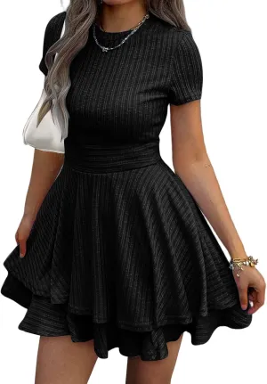 Womens Summer Mini Dresses Short Sleeve Casual Crewneck Knitted Crochet Flowy Tiered Sundress