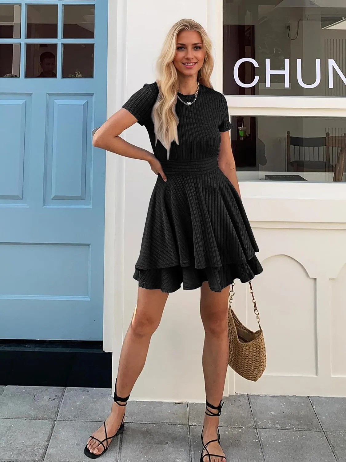 Womens Summer Mini Dresses Short Sleeve Casual Crewneck Knitted Crochet Flowy Tiered Sundress