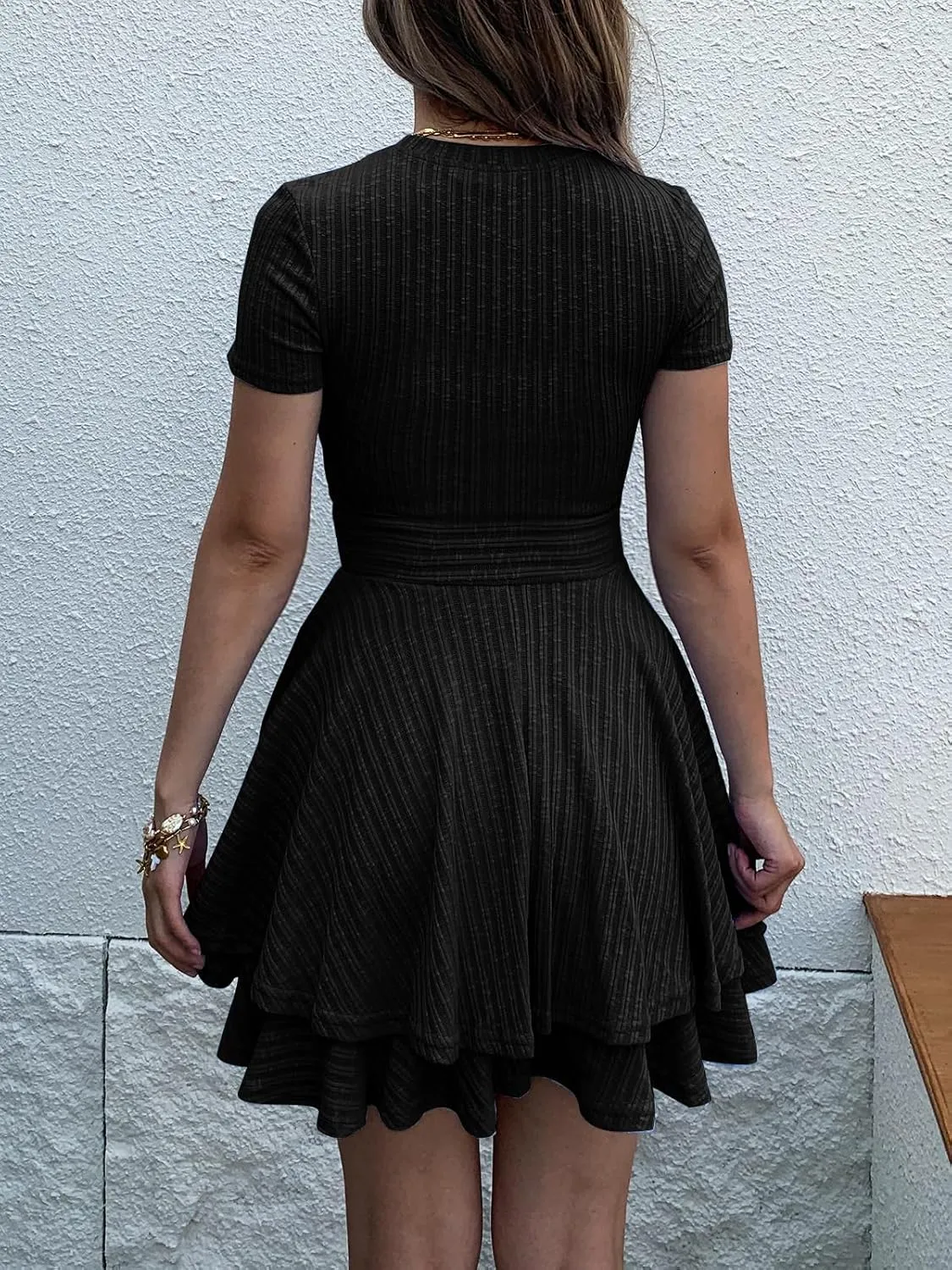 Womens Summer Mini Dresses Short Sleeve Casual Crewneck Knitted Crochet Flowy Tiered Sundress