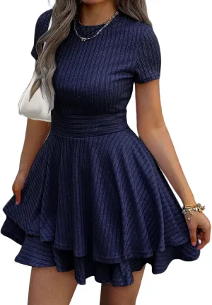 Womens Summer Mini Dresses Short Sleeve Casual Crewneck Knitted Crochet Flowy Tiered Sundress