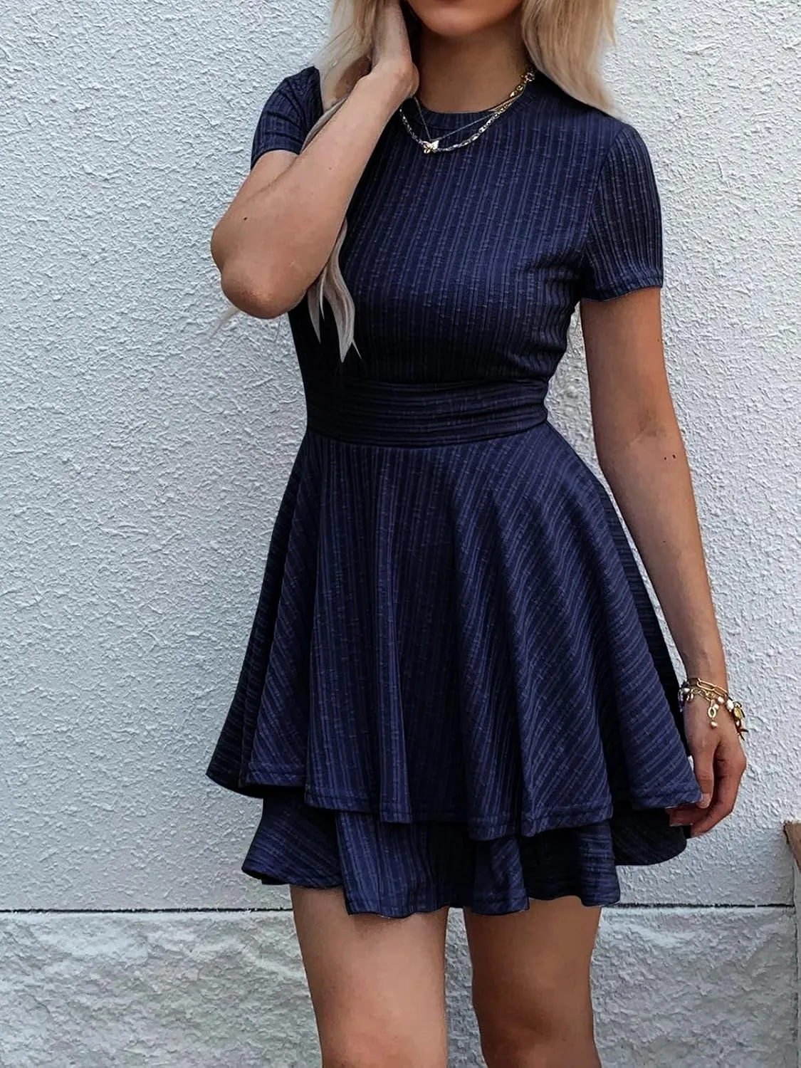 Womens Summer Mini Dresses Short Sleeve Casual Crewneck Knitted Crochet Flowy Tiered Sundress
