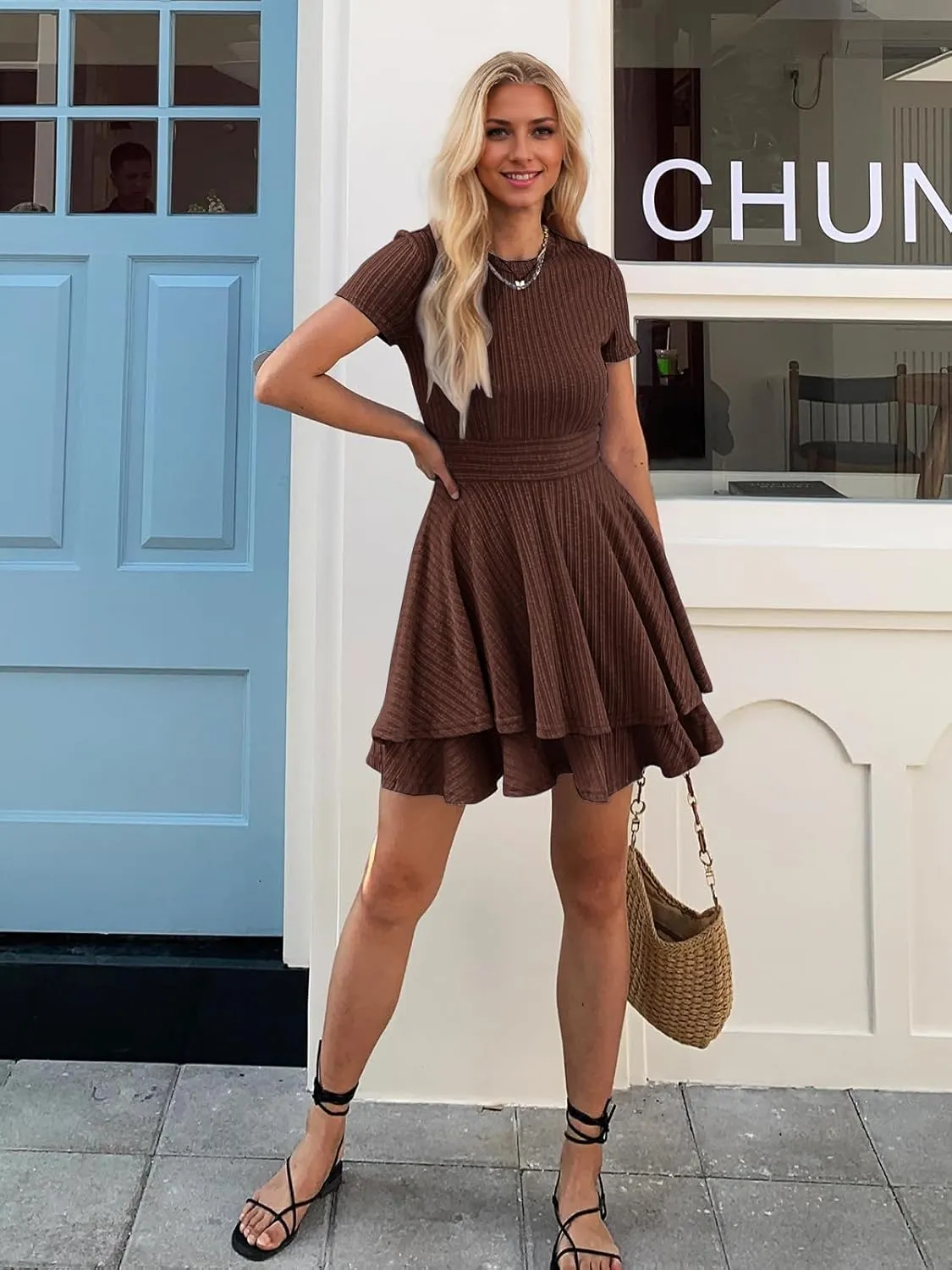 Womens Summer Mini Dresses Short Sleeve Casual Crewneck Knitted Crochet Flowy Tiered Sundress