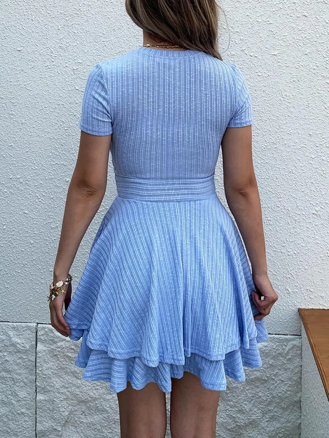 Womens Summer Mini Dresses Short Sleeve Casual Crewneck Knitted Crochet Flowy Tiered Sundress