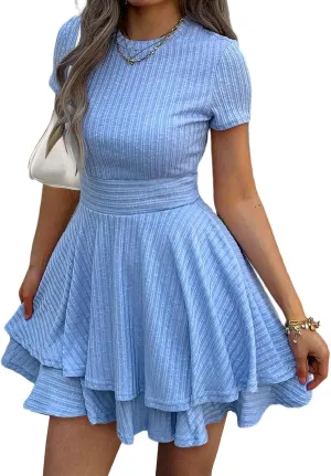 Womens Summer Mini Dresses Short Sleeve Casual Crewneck Knitted Crochet Flowy Tiered Sundress