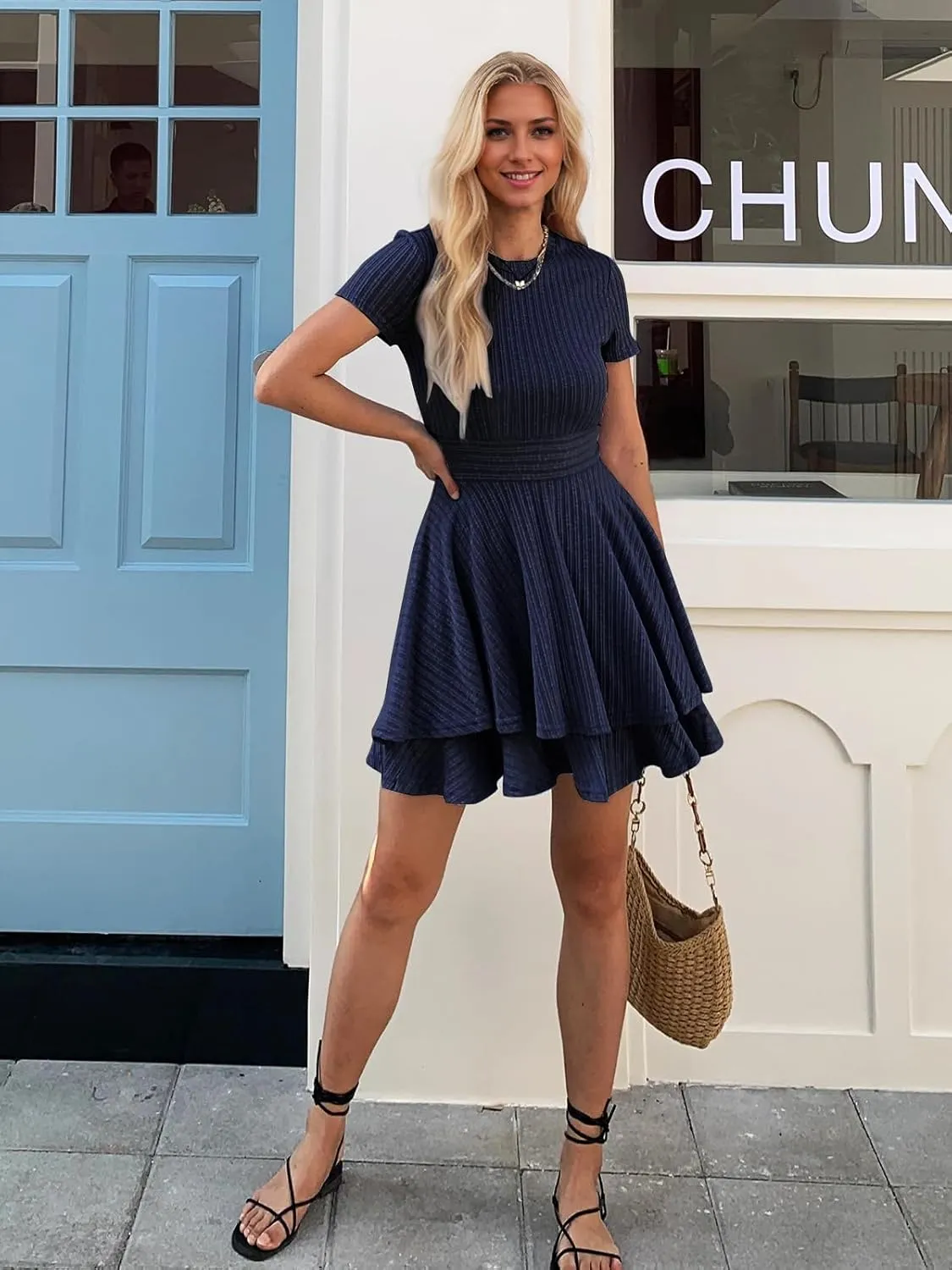 Womens Summer Mini Dresses Short Sleeve Casual Crewneck Knitted Crochet Flowy Tiered Sundress
