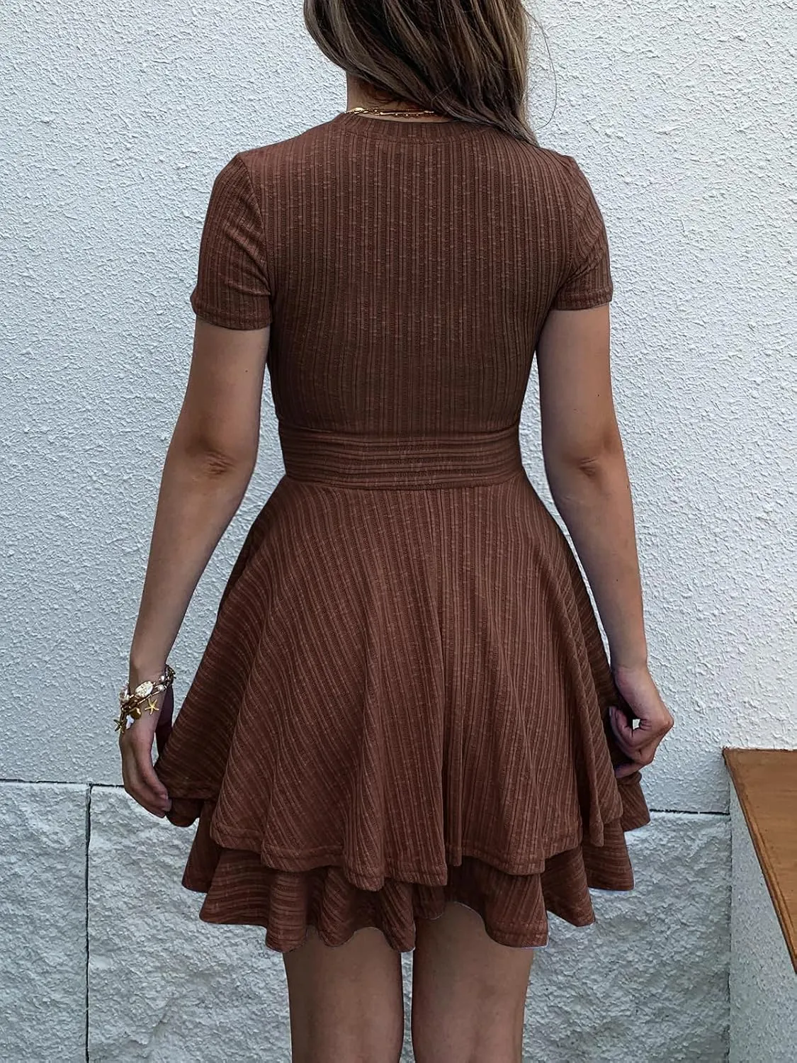 Womens Summer Mini Dresses Short Sleeve Casual Crewneck Knitted Crochet Flowy Tiered Sundress