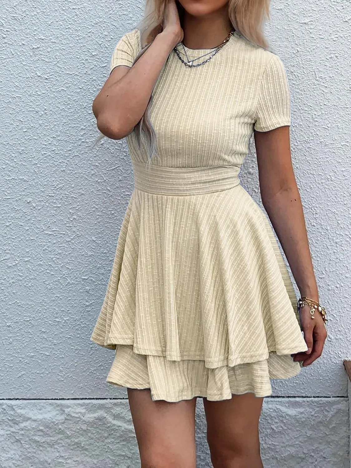Womens Summer Mini Dresses Short Sleeve Casual Crewneck Knitted Crochet Flowy Tiered Sundress