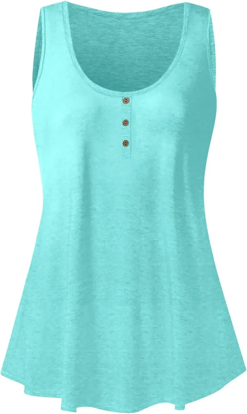 Womens Summer Tops 2023 Sleeveless Henley T-Shirts Tops Casual Button Down Tunics Holiday Going Out Tank Top Tee