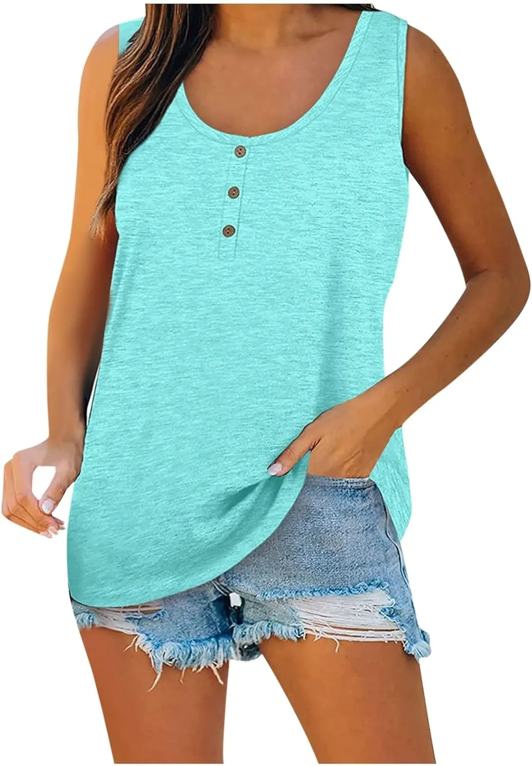 Womens Summer Tops 2023 Sleeveless Henley T-Shirts Tops Casual Button Down Tunics Holiday Going Out Tank Top Tee