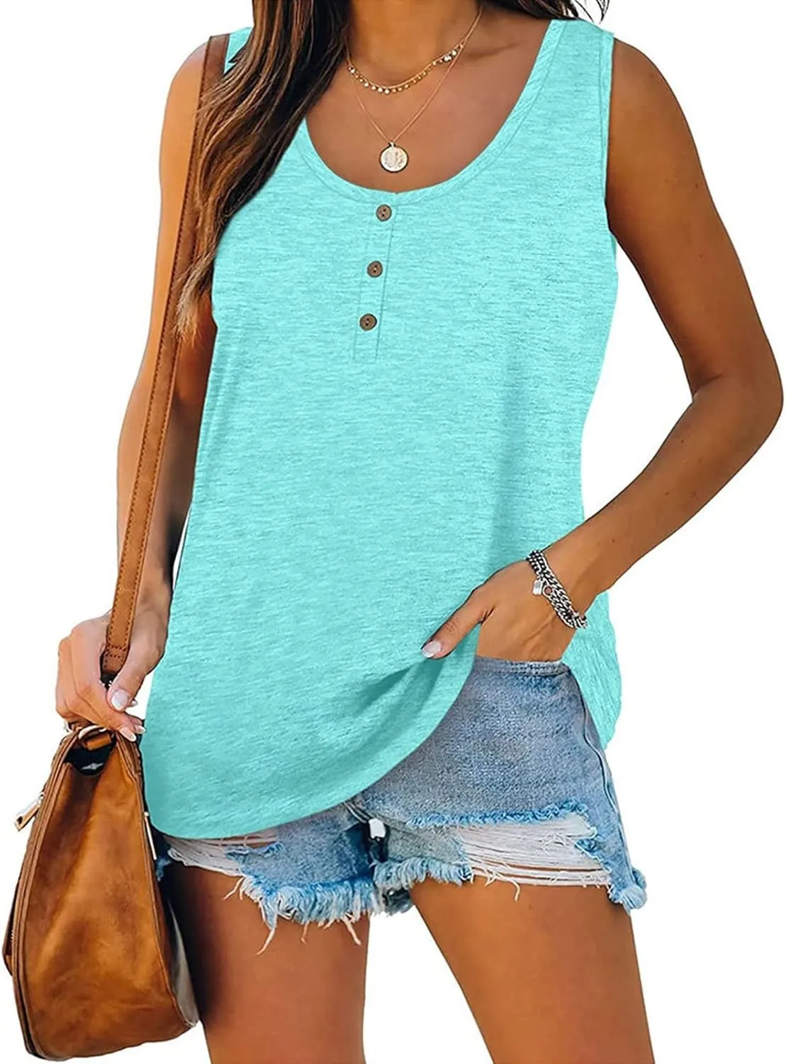 Womens Summer Tops 2023 Sleeveless Henley T-Shirts Tops Casual Button Down Tunics Holiday Going Out Tank Top Tee