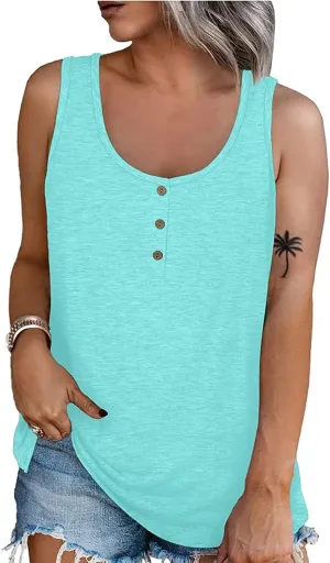 Womens Summer Tops 2023 Sleeveless Henley T-Shirts Tops Casual Button Down Tunics Holiday Going Out Tank Top Tee