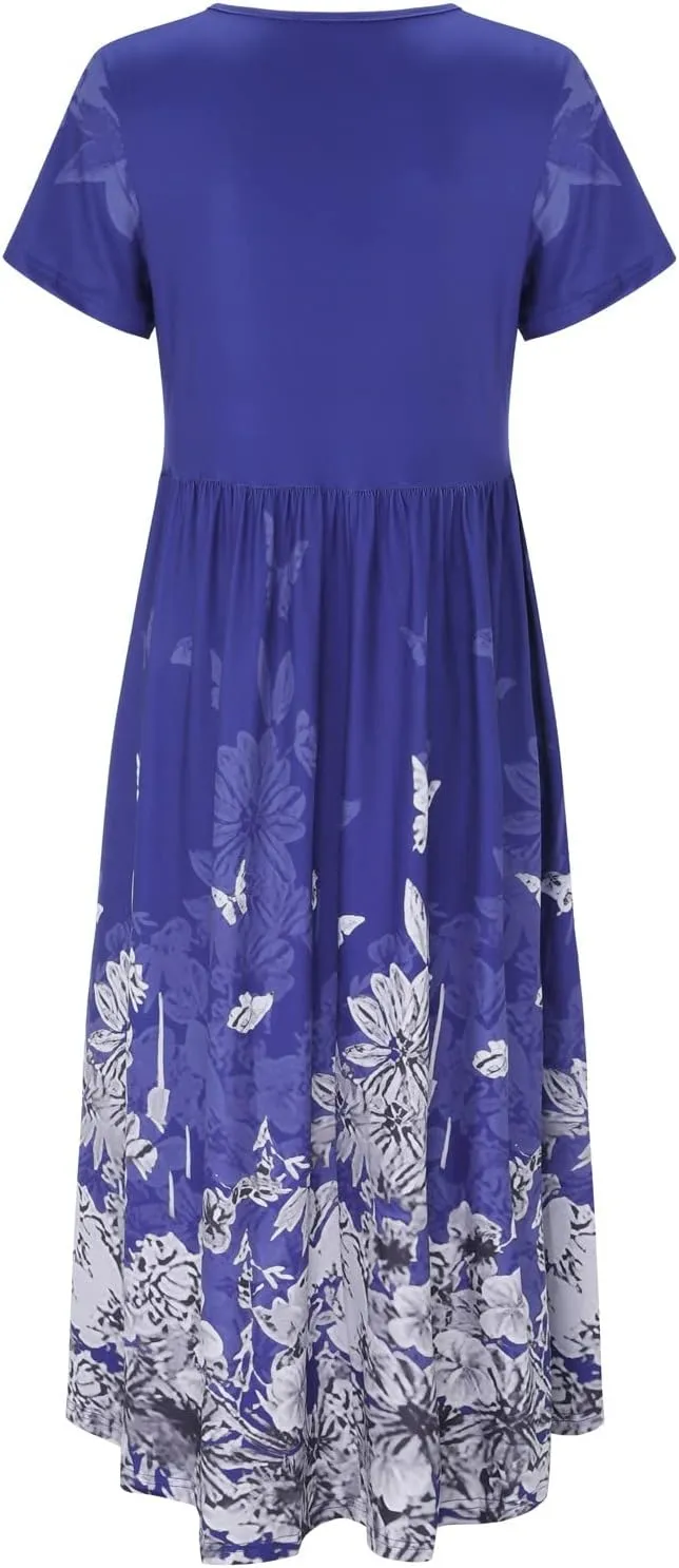 Womens Summer Wrap Maxi Dress Boho Floral V Neck Short Sleeve Long Dress Cute Ruffle Hem High Waist A-Line Dress