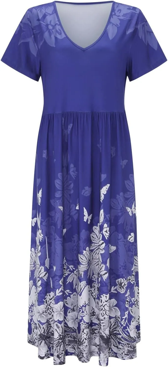 Womens Summer Wrap Maxi Dress Boho Floral V Neck Short Sleeve Long Dress Cute Ruffle Hem High Waist A-Line Dress