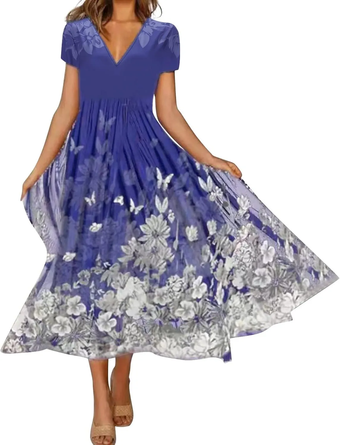 Womens Summer Wrap Maxi Dress Boho Floral V Neck Short Sleeve Long Dress Cute Ruffle Hem High Waist A-Line Dress