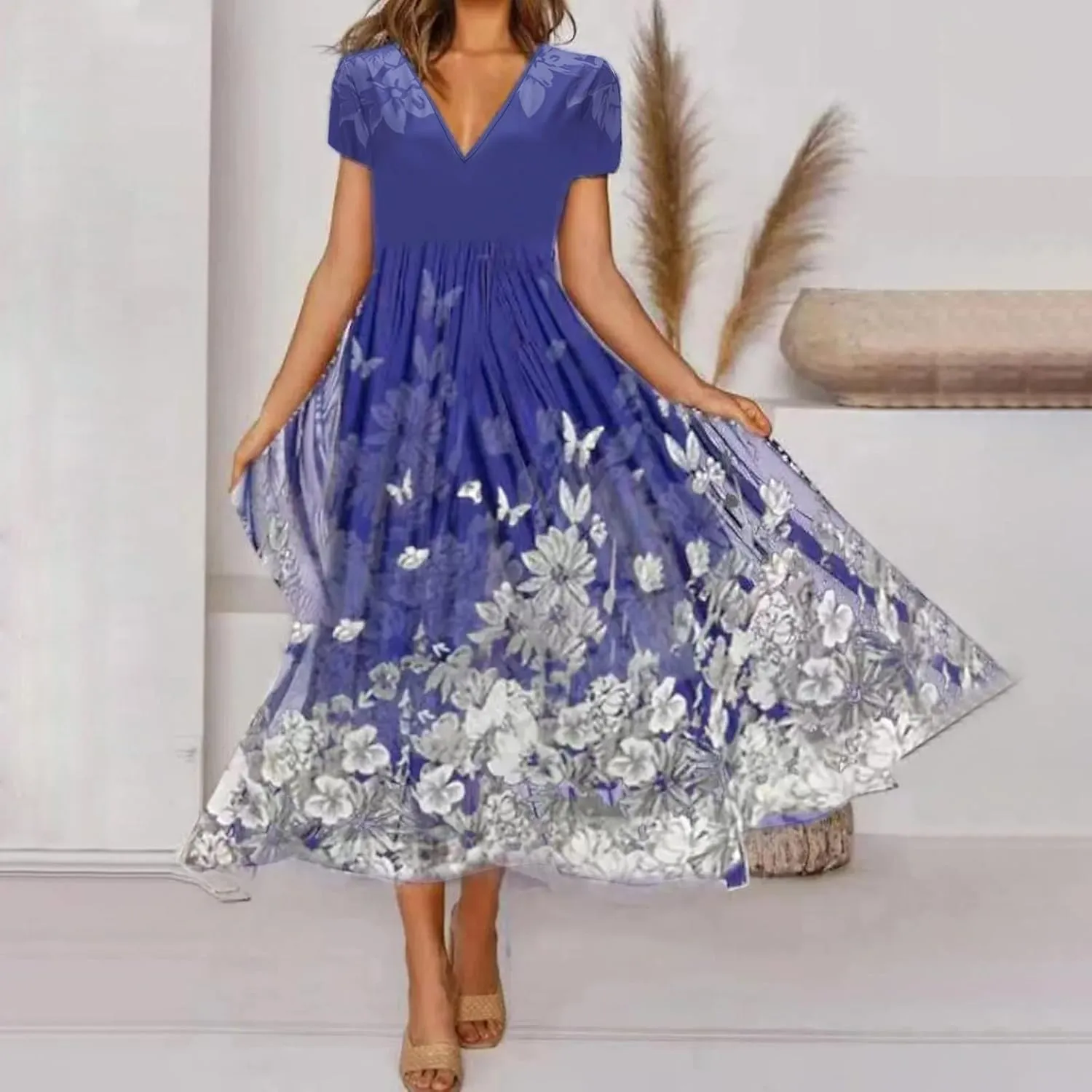 Womens Summer Wrap Maxi Dress Boho Floral V Neck Short Sleeve Long Dress Cute Ruffle Hem High Waist A-Line Dress