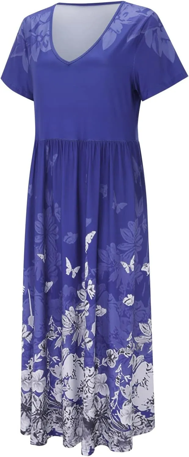 Womens Summer Wrap Maxi Dress Boho Floral V Neck Short Sleeve Long Dress Cute Ruffle Hem High Waist A-Line Dress