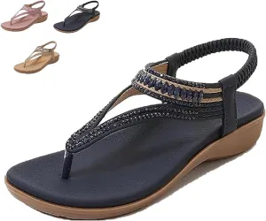 Women's T-Strap Flat Sandals With Sparkling Rhinestones, 2025 Comfortable Arch Support Orthopedic Sandals for Women