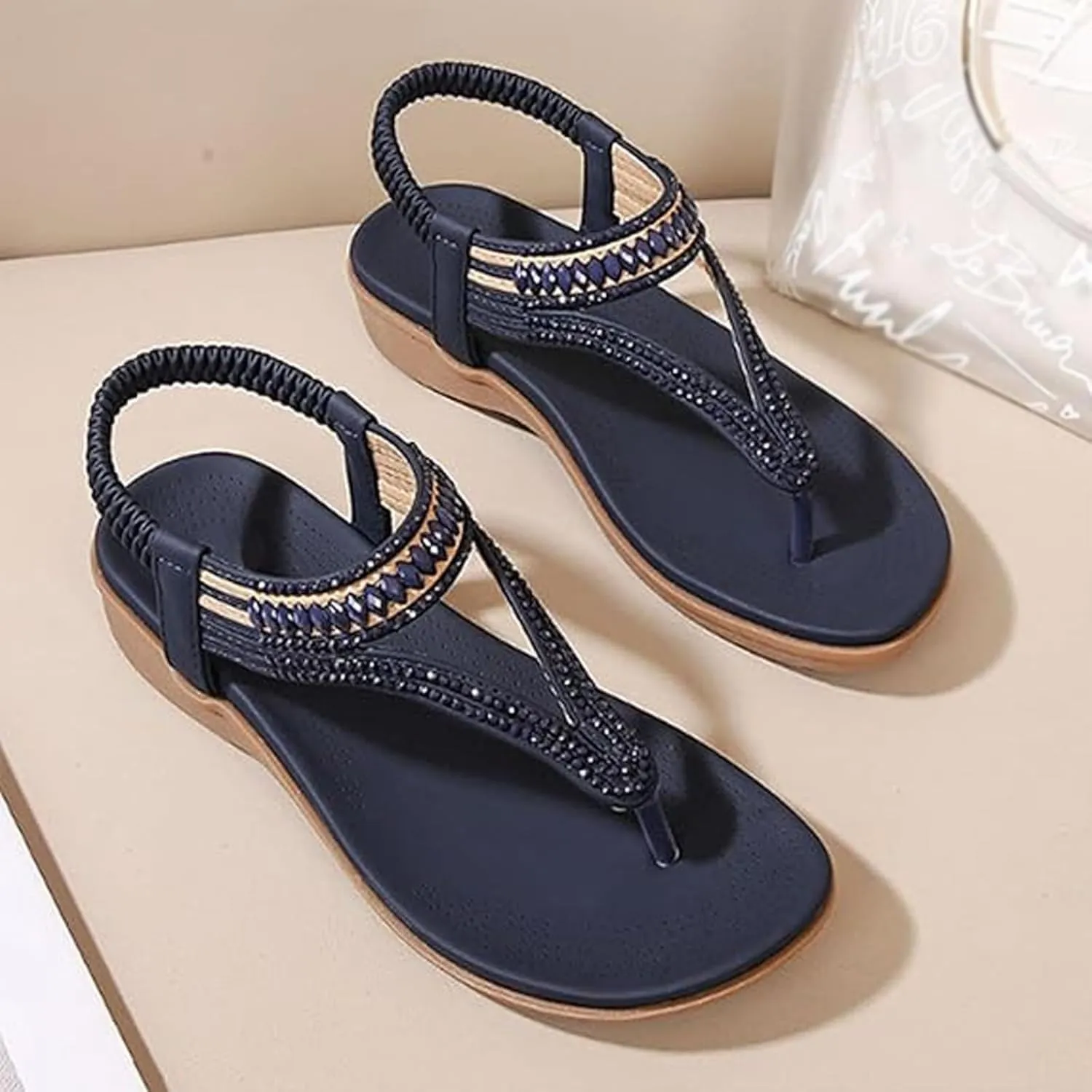 Women's T-Strap Flat Sandals With Sparkling Rhinestones, 2025 Comfortable Arch Support Orthopedic Sandals for Women