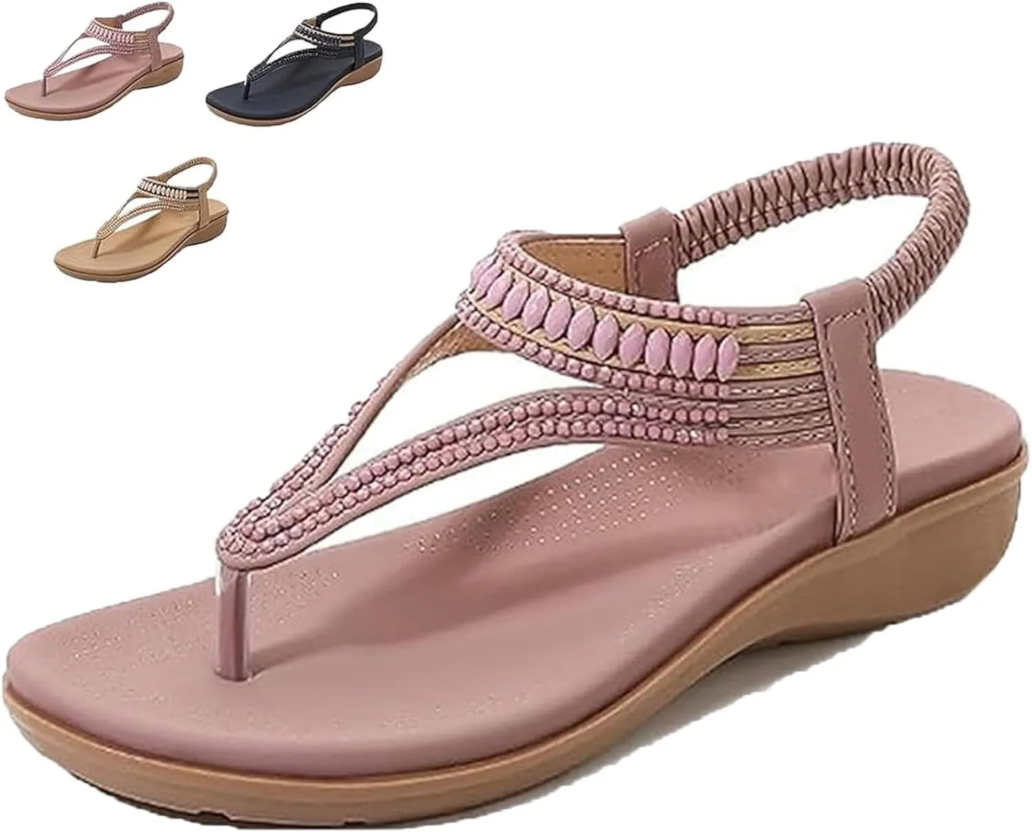Women's T-Strap Flat Sandals With Sparkling Rhinestones, 2025 Comfortable Arch Support Orthopedic Sandals for Women